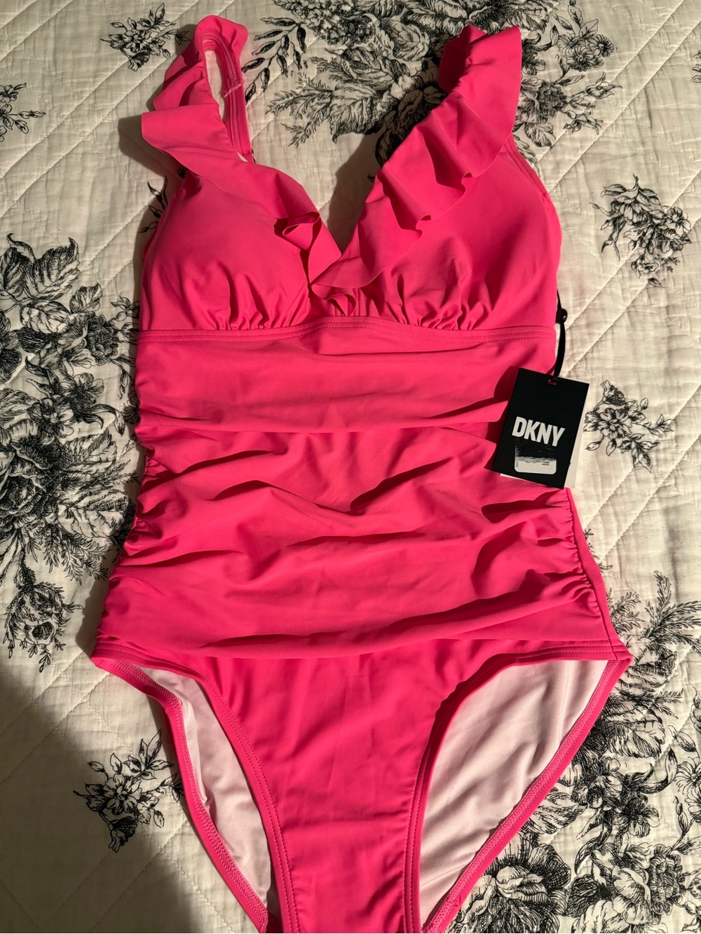 DKNY Women’s Hot Pink Ruffle-Trim One-Piece Swimsuit